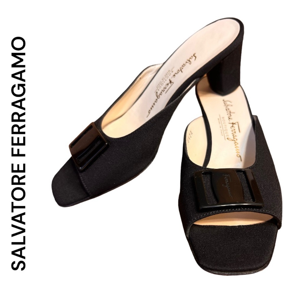 SALVATORE FERRAGAMO Black Open Square Toe Mules Heels Buckle Detail 6.5 2A